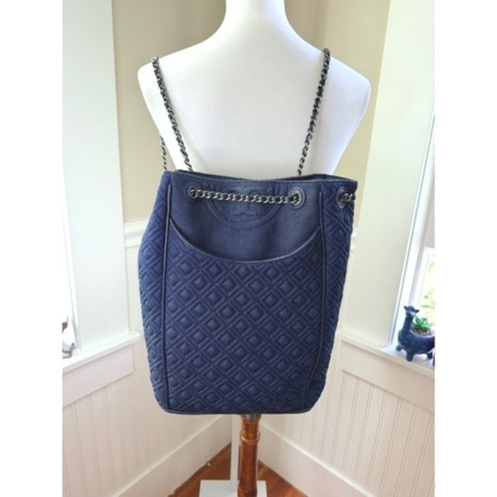 Tory Burch Fleming Denim Quilted Convertible Backpack Shoulder Bag Large